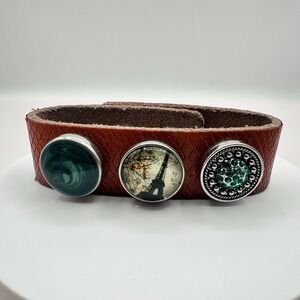 Vintage 90s Brown Leather Cuff Bracelet Paris Eiffel Tower Green Glass Cabochon